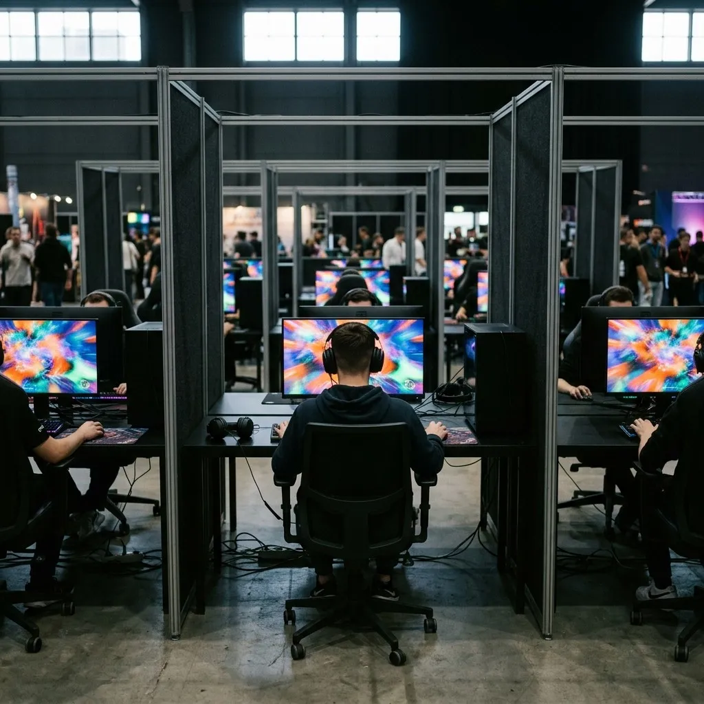 A single gaming station with monitor, keyboard and chair, close up