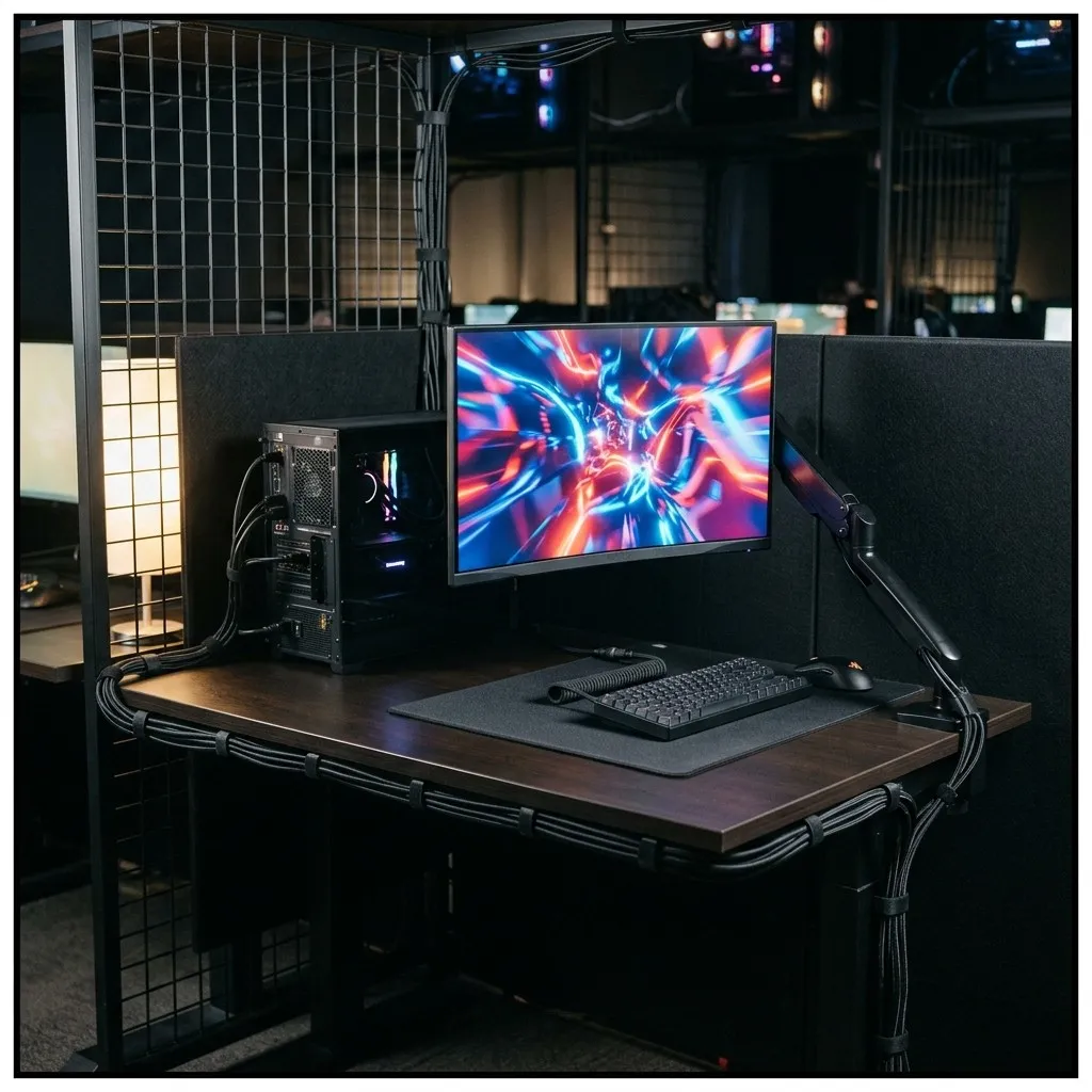 Detail of a station keyboard and monitor at a centre-row cell
