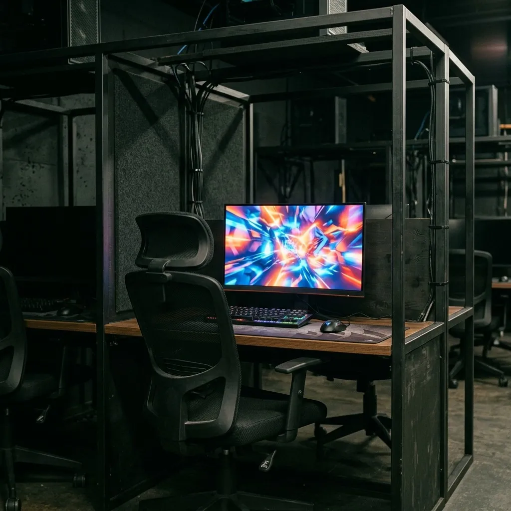 Detail of a quiet back-row station with headset resting on the desk