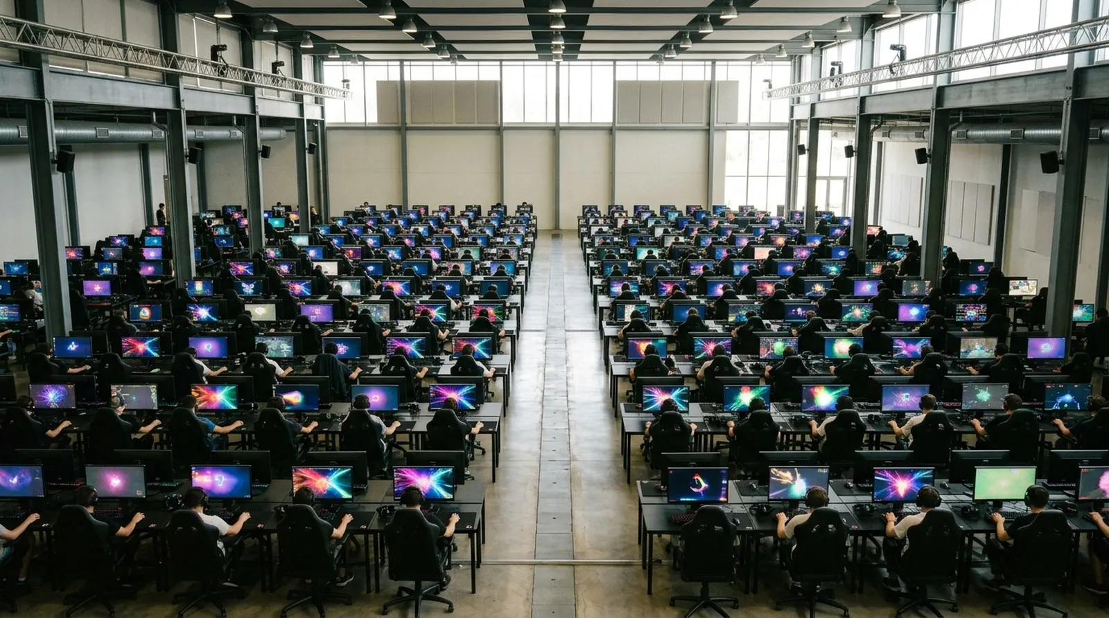 Rows of gaming stations across the PULSEGRID PC CLUB floor
